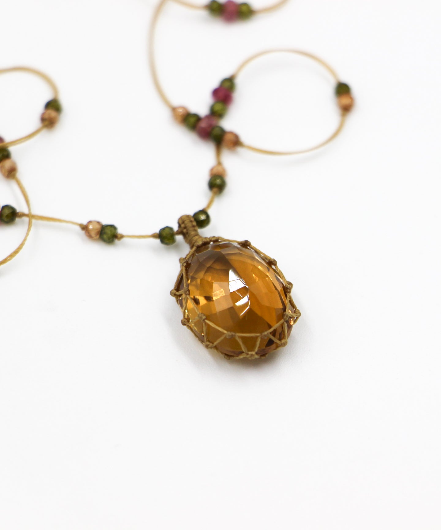 Collier Court Tibétain - Citrine - Mix Tourmaline Rose - Fil Tabac