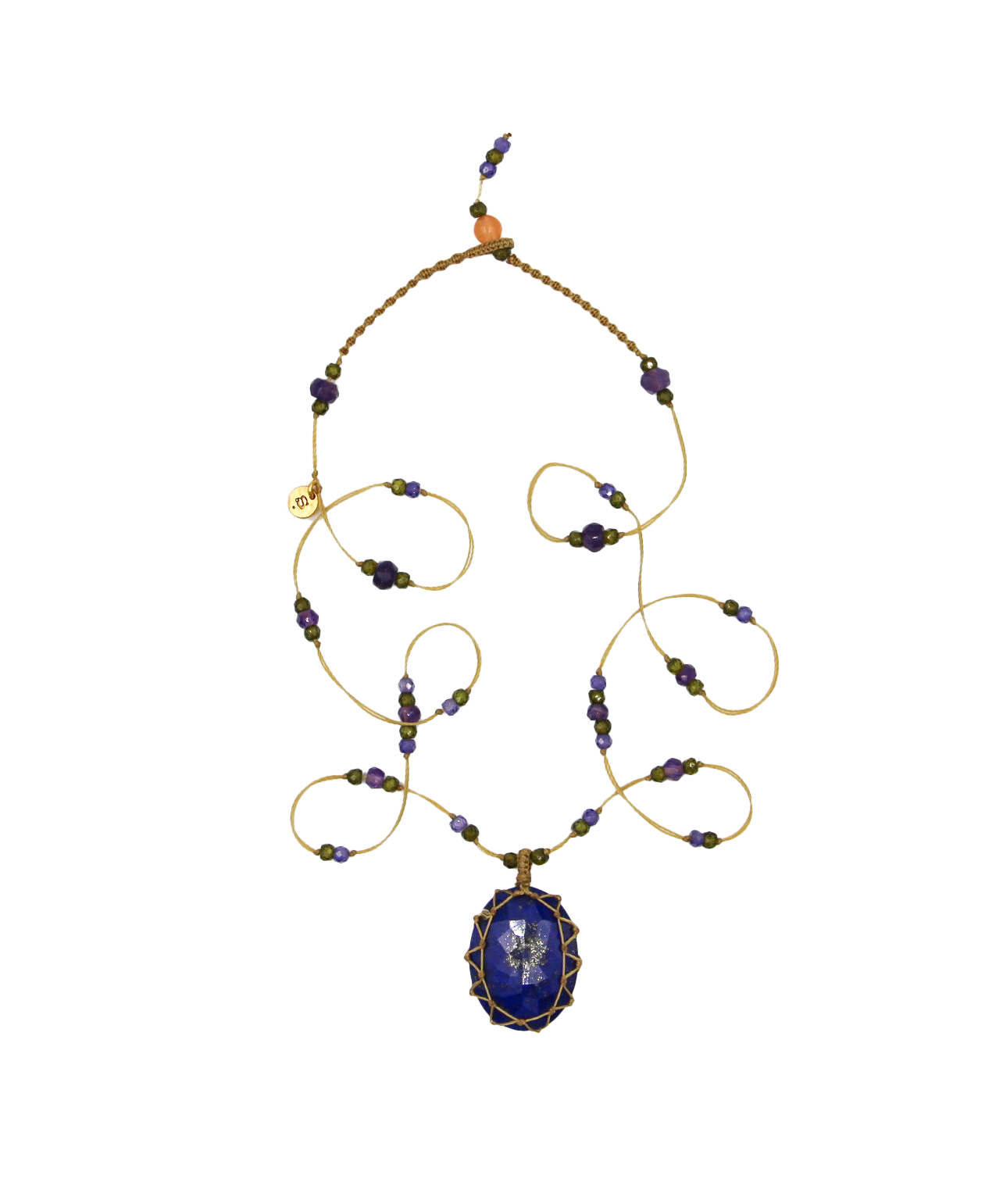 Short Tibetan Necklace - Lapis Lazuli - Amethyst Mix - Beige Thread