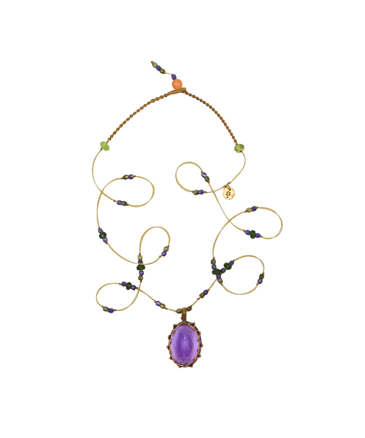 Short Tibetan Necklace - Dark Violet Amethyst - Mix Tsavorite - Beige Thread