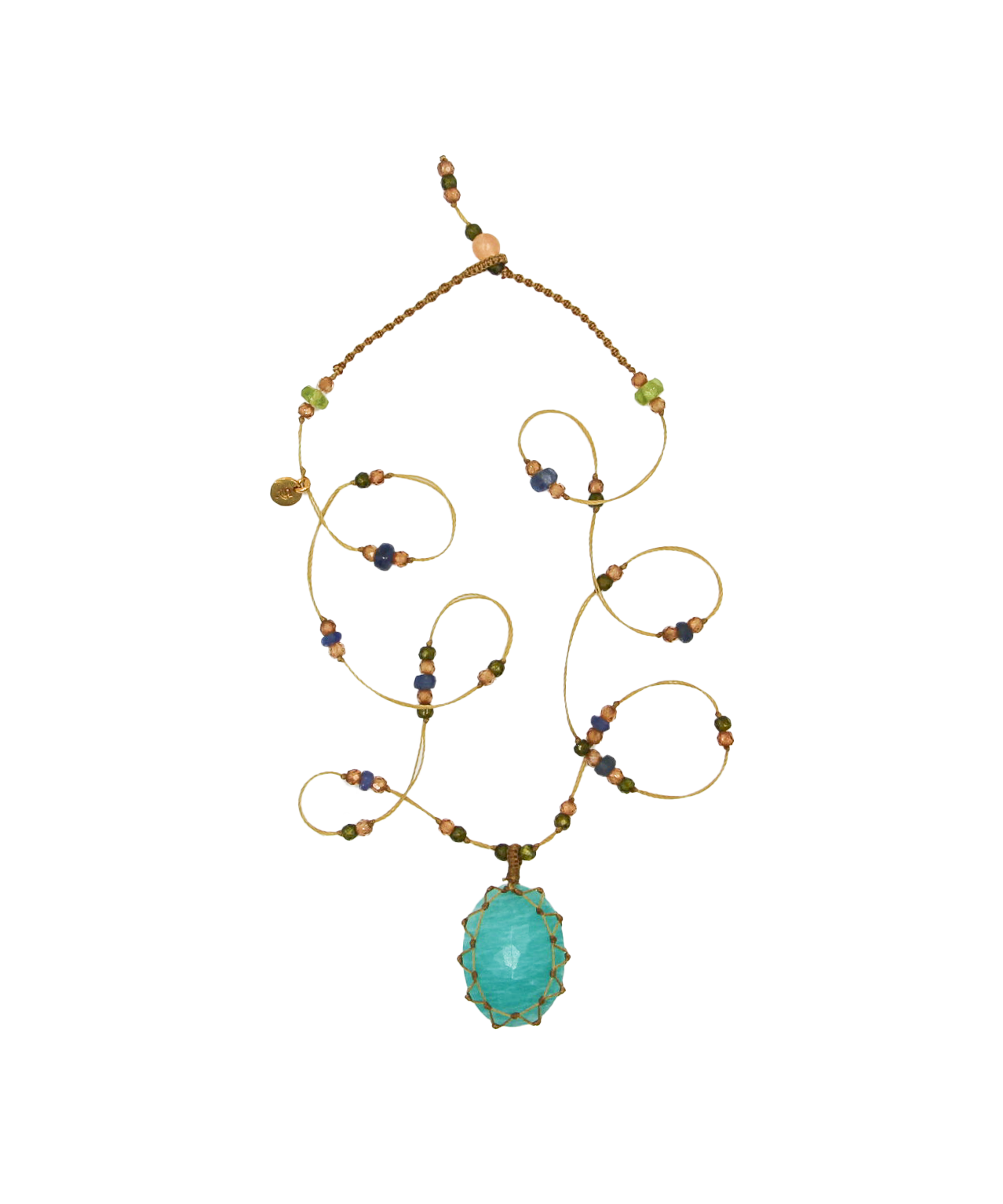 Short Tibetan Necklace - Blue Amazonite - Mix Sapphire - Beige Thread