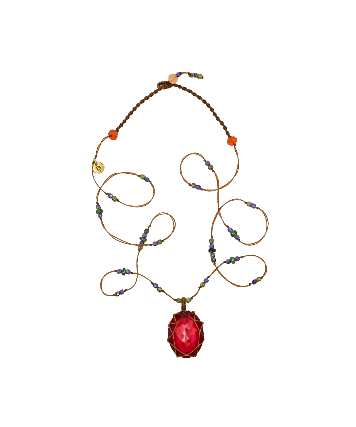 Collier Court Tibétain - Indian Glass Rouge - Mix Tsavorite - Fil Tabac