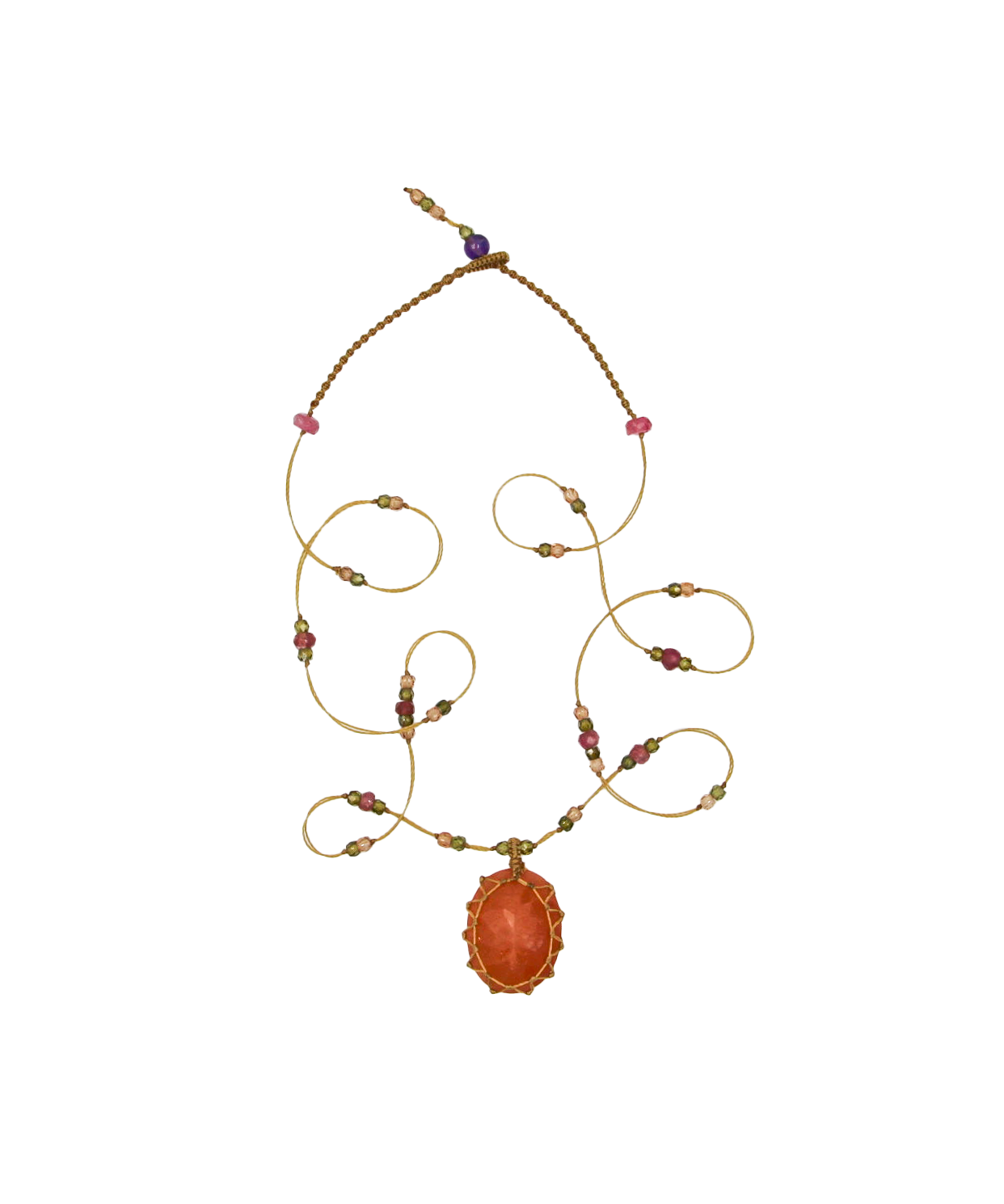 Short Tibetan Necklace - Strawberry Quartz Orange - Mix Pink Tourmaline - Beige Thread