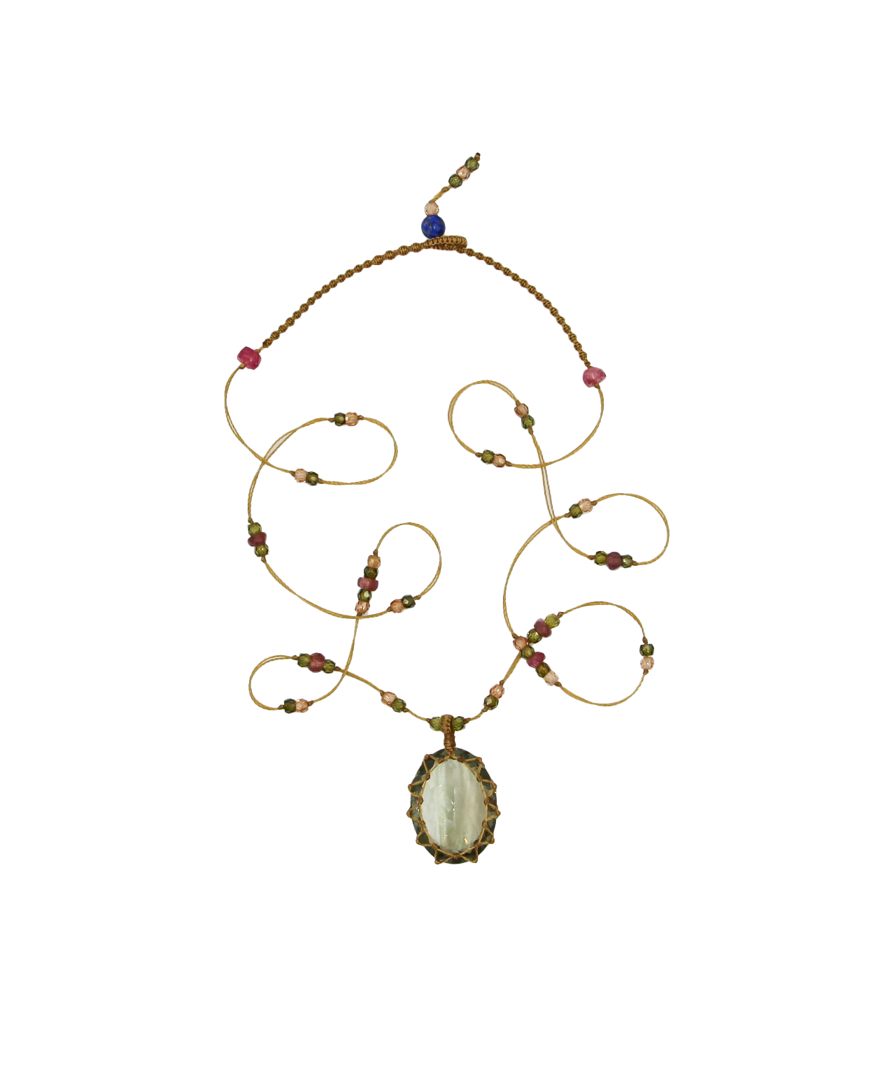 Short Tibetan Necklace - Green Amethyst - Mix Pink Tourmaline - Beige Thread