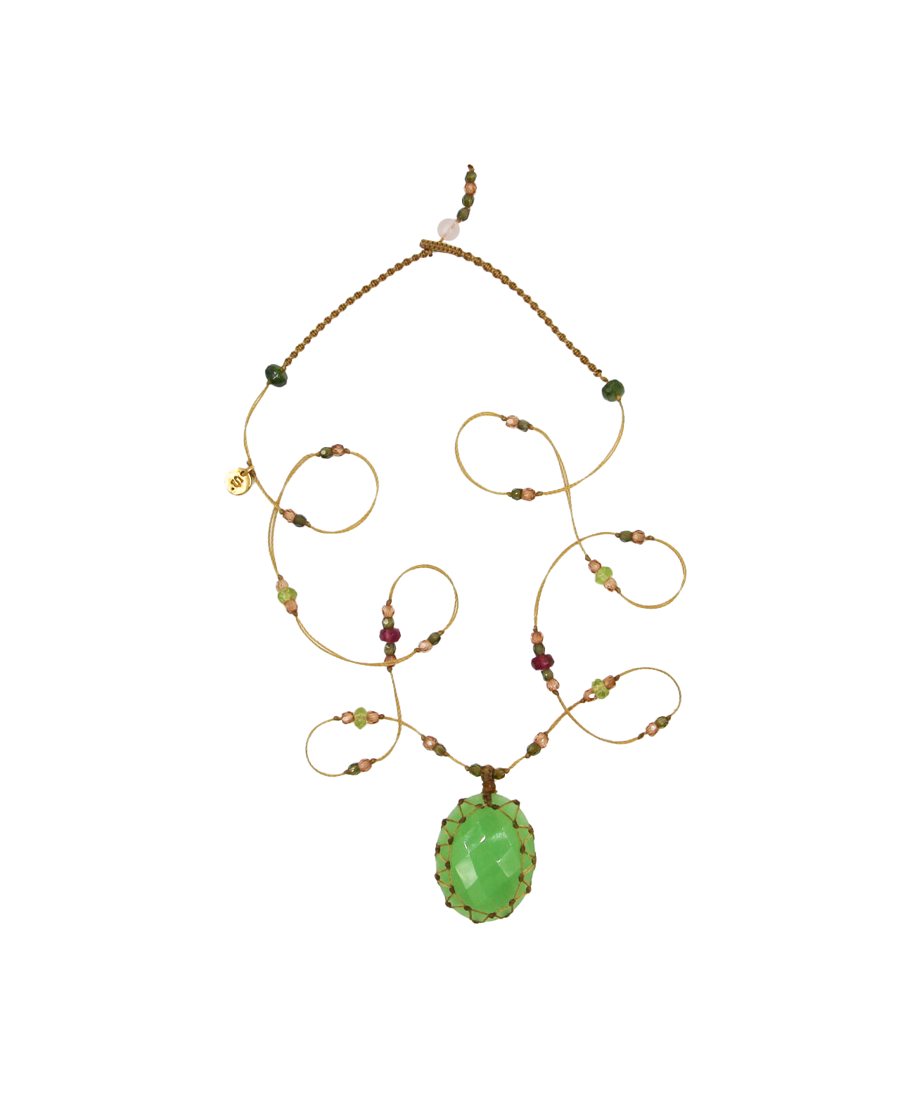 Collier Court Tibétain - Chrysoprase - Mix Péridot & Tourmaline Rose - Fil Beige