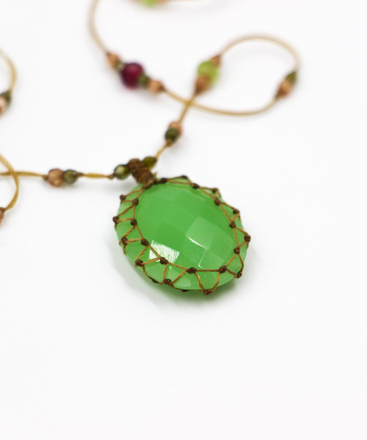 Tibetan Short Necklace - Chrysoprase - Mix Pink Tourmaline - Beige Thread