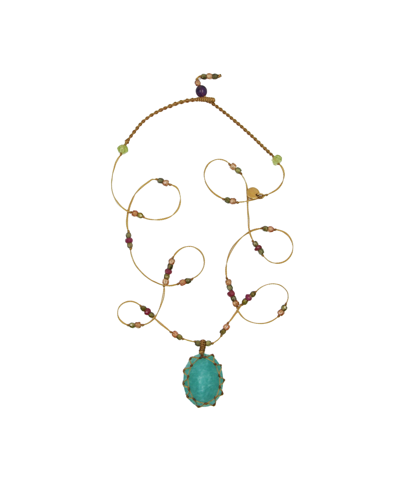 Collana tibetana corta - Amazzonite blu - Mix di tormaline rosa - Filo beige