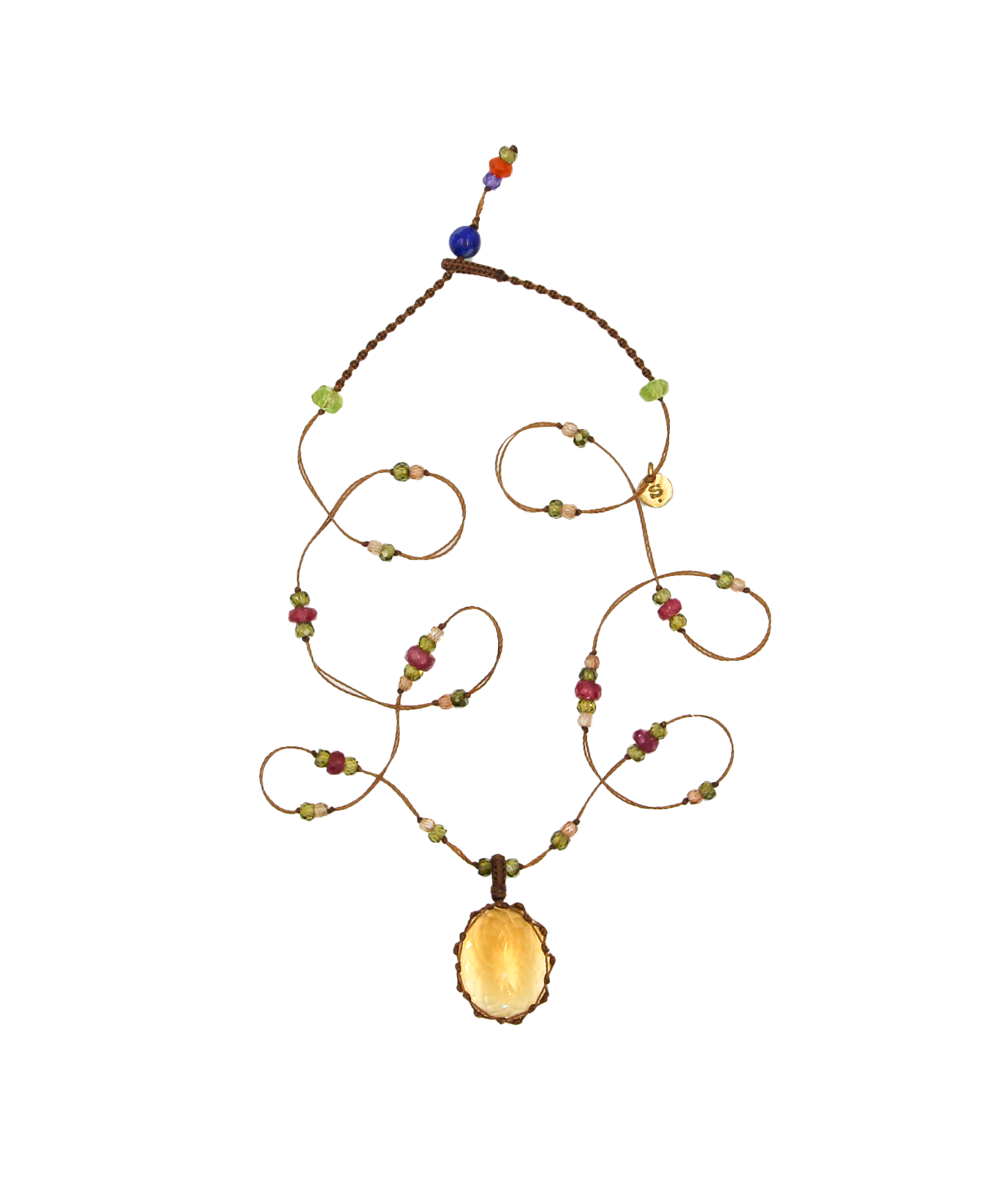 Short Tibetan Necklace - Citrine - Mix Pink Tourmaline - Tobacco Thread