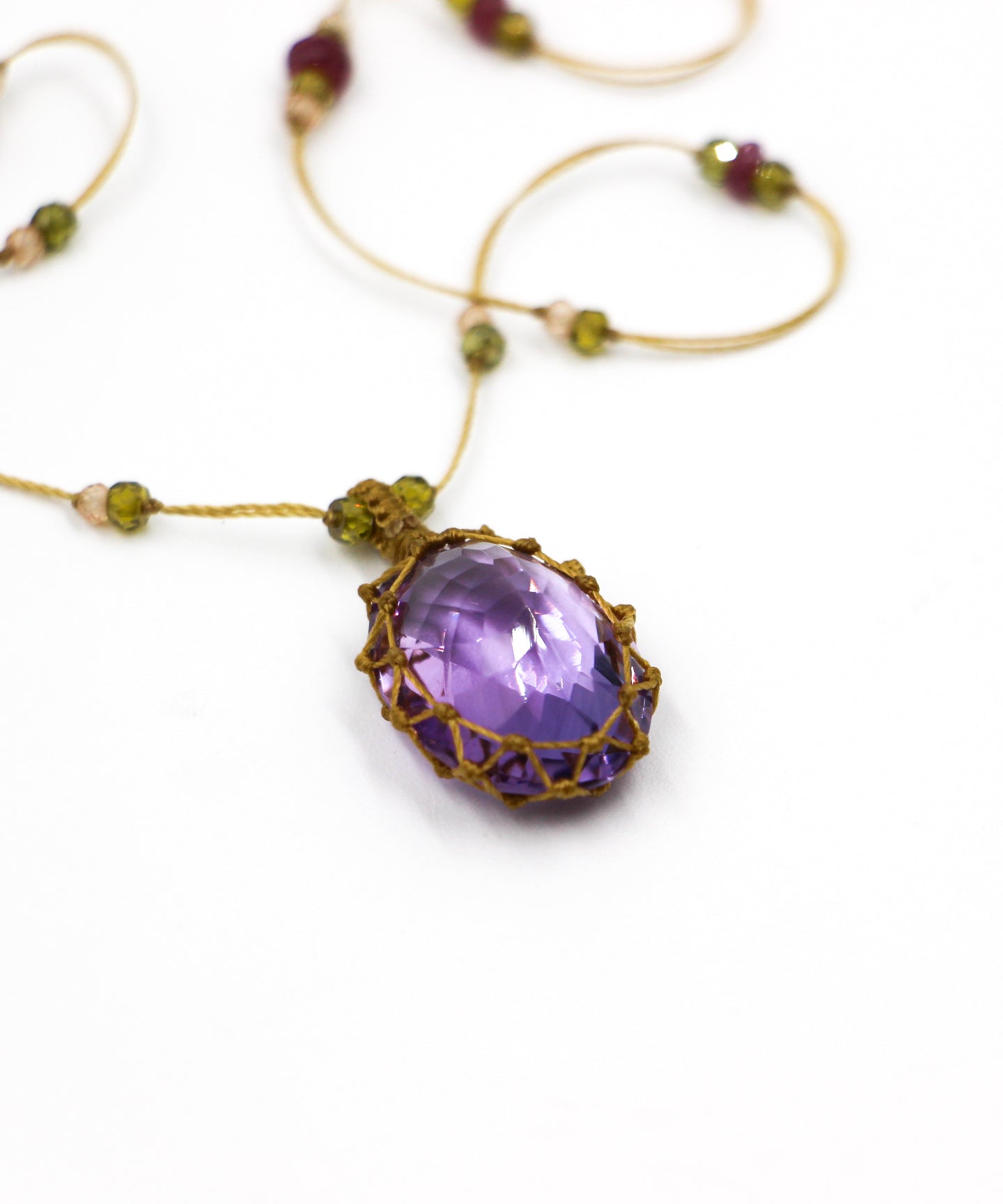 Short Tibetan Necklace - Light Violet Amethyst - Mix Pink Tourmaline - Beige Thread