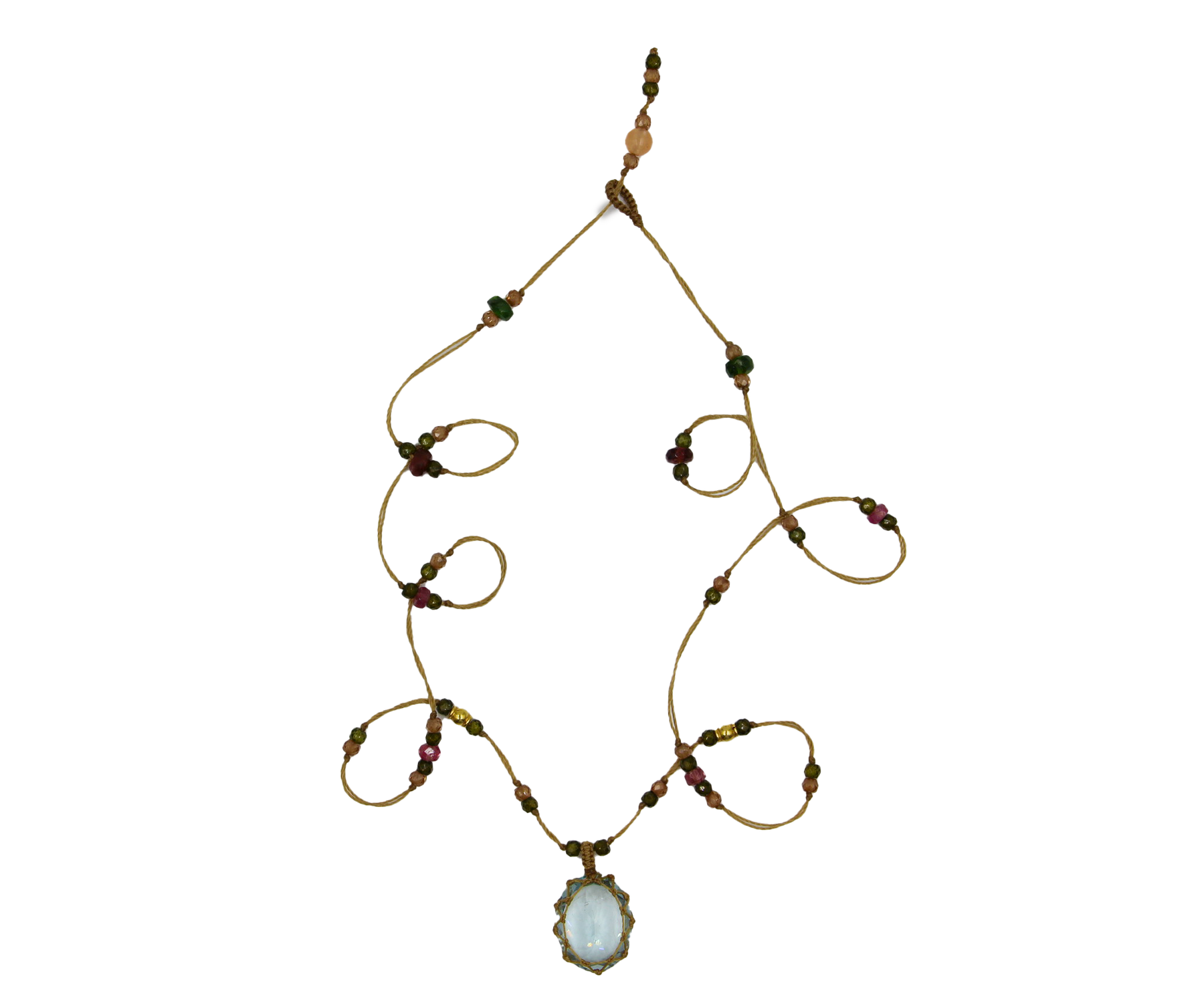 So Precious Collier Court Tibétain - Aigue Marine - Mix Tourmaline Rose - Fil Beige