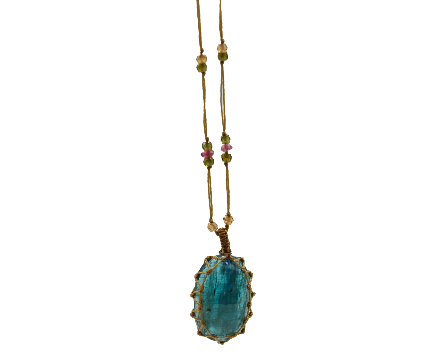 Sautoir Tibétain - Kyanite Teal - Mix Tourmaline Rose - Fil Beige