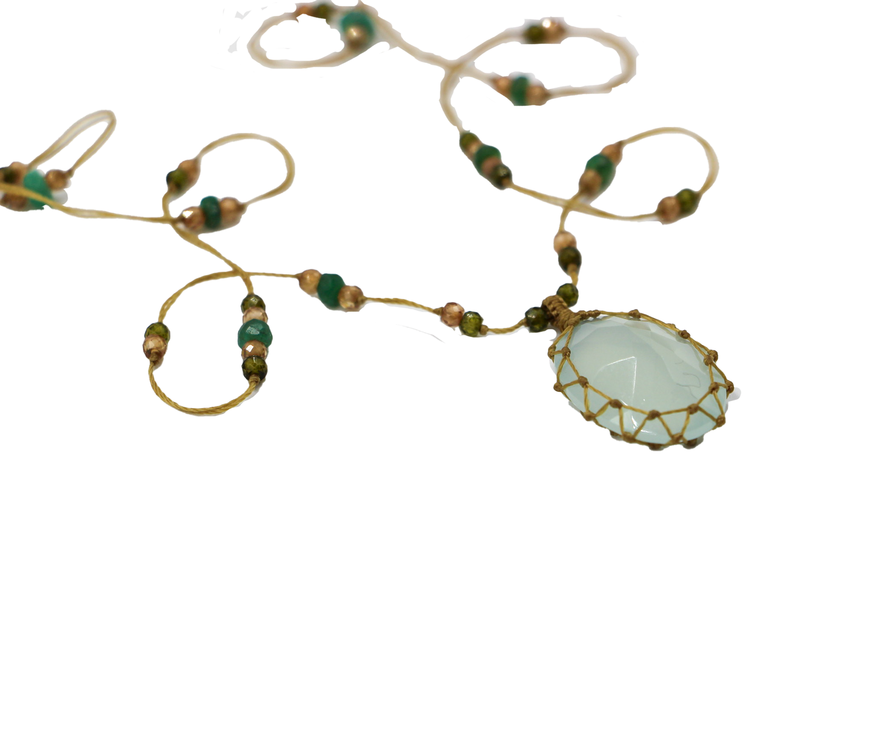 Collier Court Tibétain  - Calcédoine Bleue - Mix Tsavorite - Fil Beige