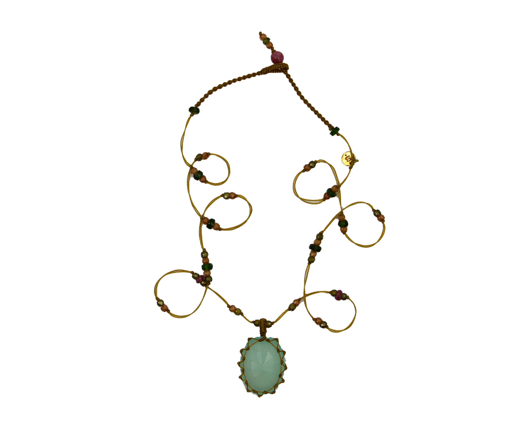 Collier Court Tibétain  - Calcédoine Bleue - Mix Tsavorite - Fil Beige