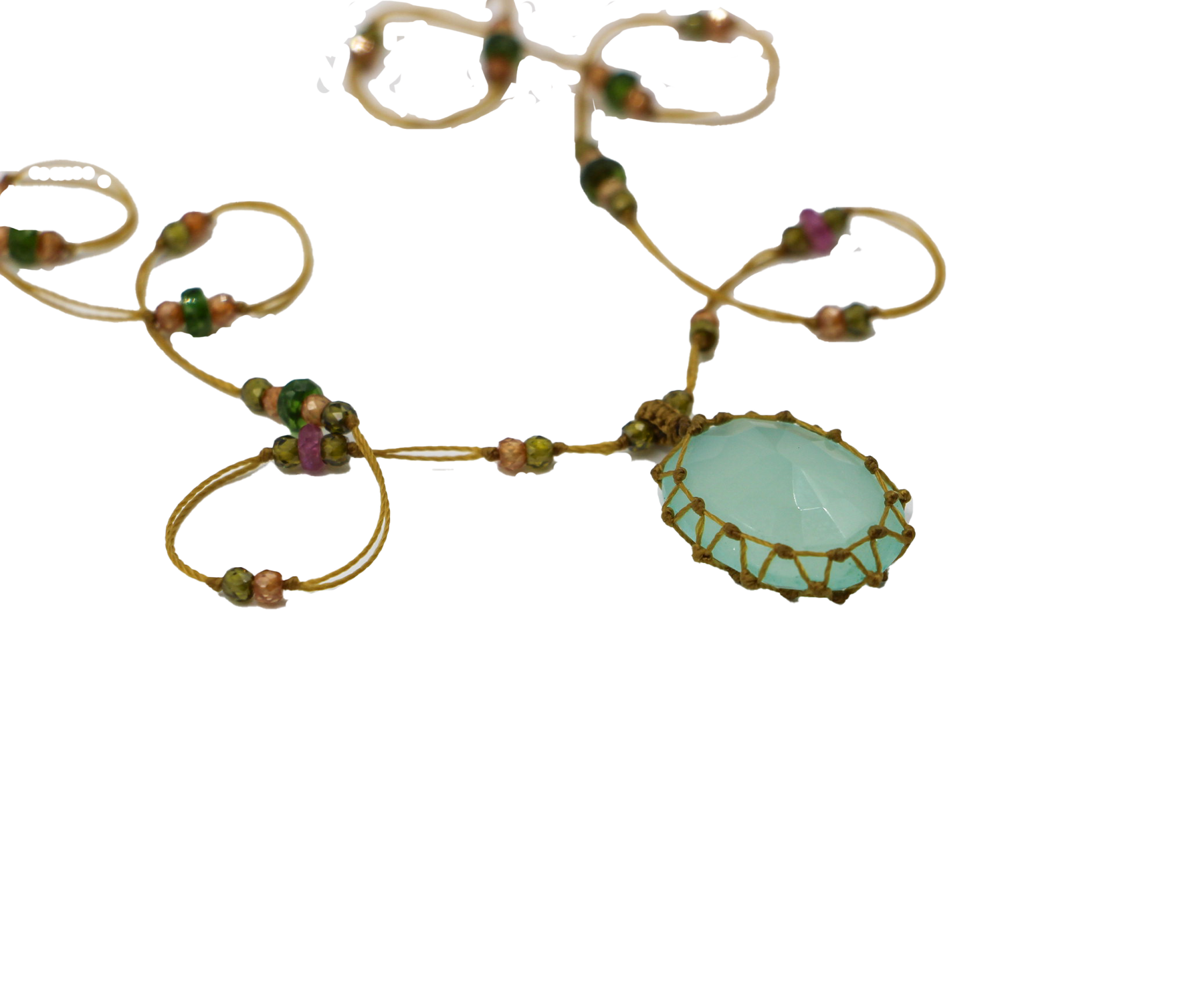 Collier Court Tibétain  - Calcédoine Bleue - Mix Tsavorite - Fil Beige