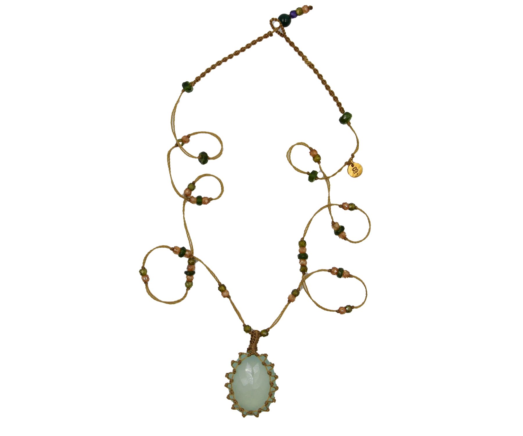 Collier Court Tibétain  - Calcédoine Bleue - Mix Tsavorite - Fil Beige