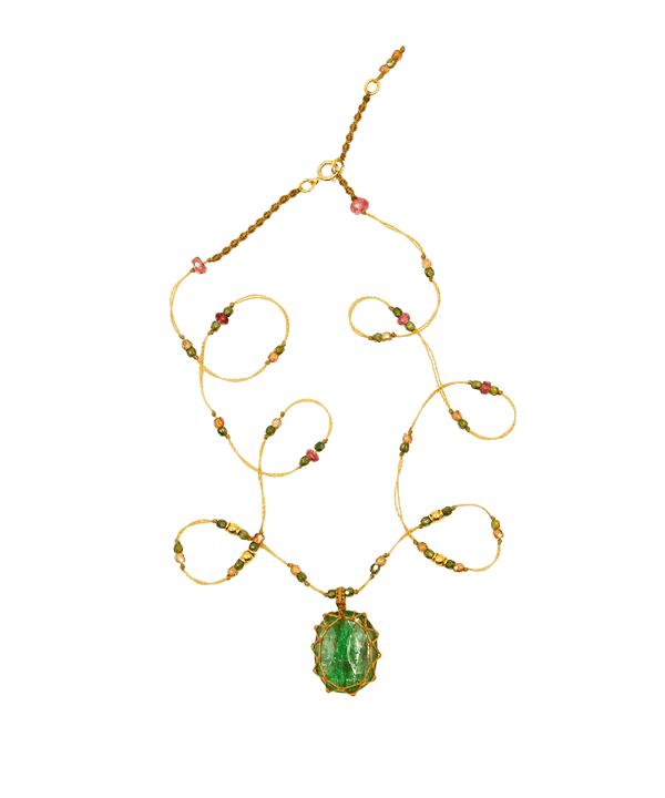 So Precious Collier Court Tibétain - Kyanite Émeraude - Mix Tourmaline Rose - Fil Beige