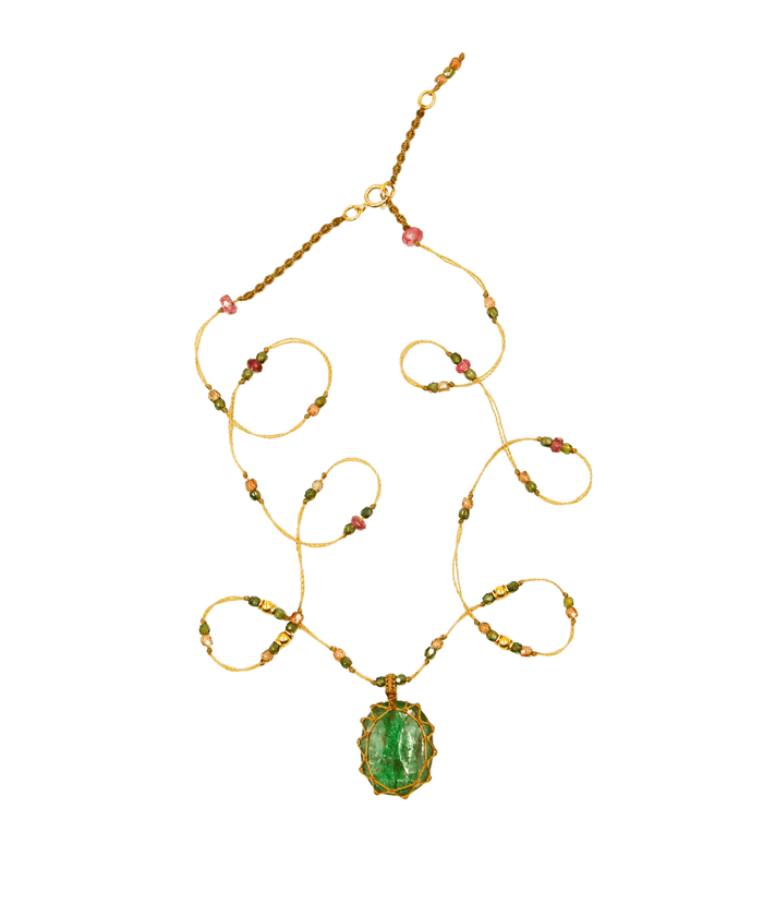 So Precious Necklace Short Tibetan - Kyanite Emerald - Mix Pink Tourmaline - Beige Thread