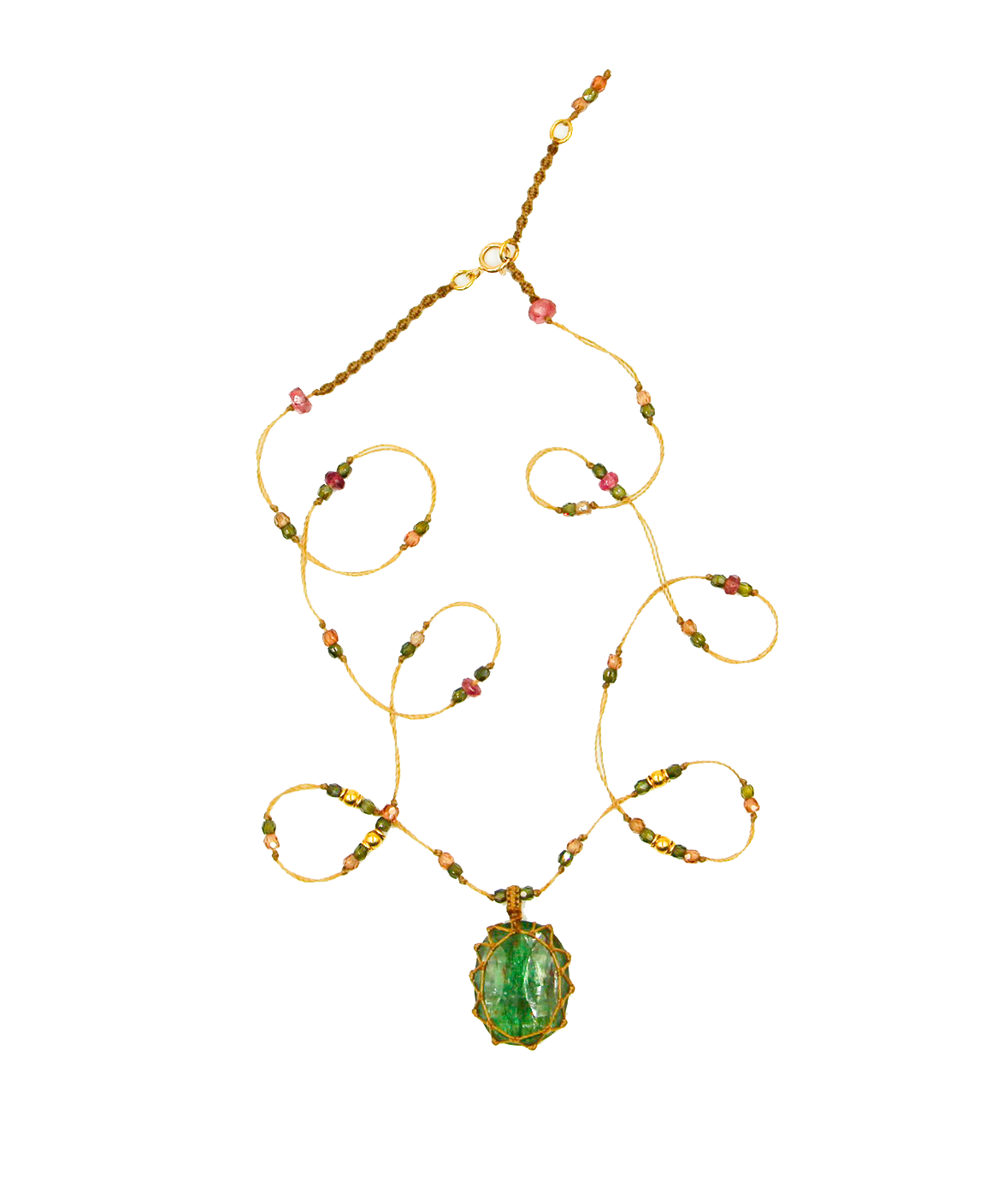So Precious Short Tibetan Necklace - Emerald Kyanite - Mix Pink Tourmaline - Beige Thread