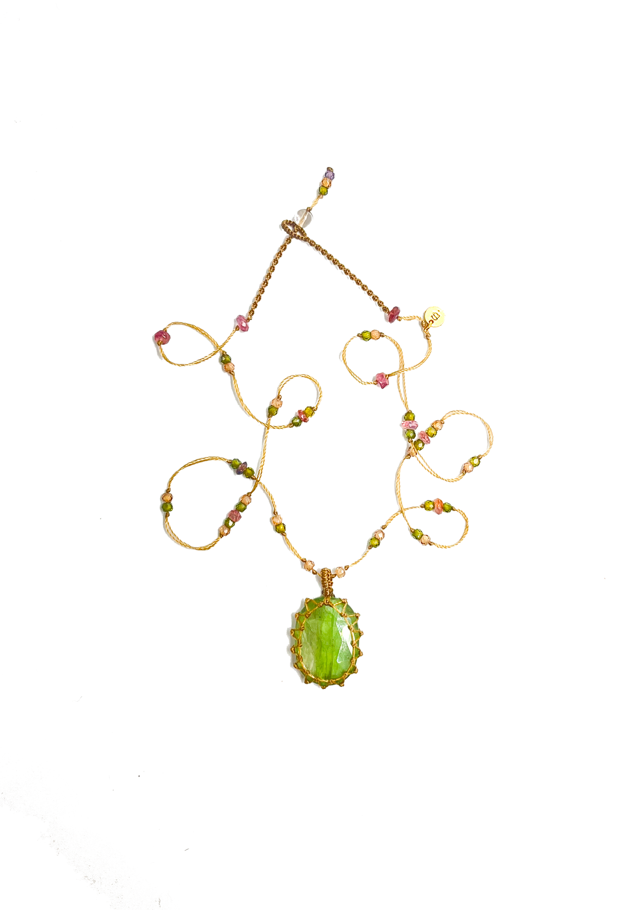 So Precious Short Tibetan Necklace - Green Kyanite - Mix Pink Tourmaline - Tobacco Thread