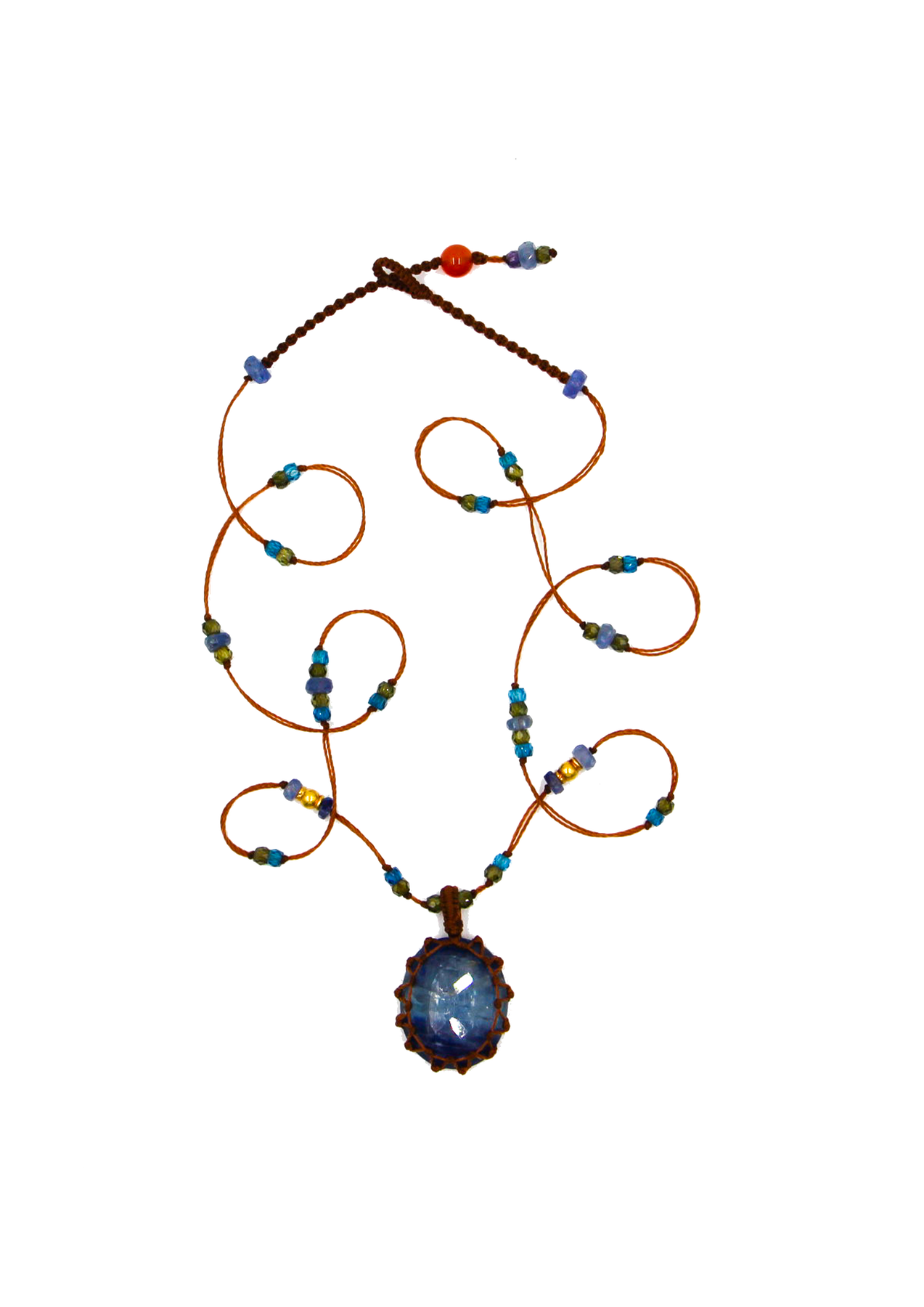 So Precious Short Tibetan Necklace - Blue Kyanite - Mix Sapphire - Beige Thread