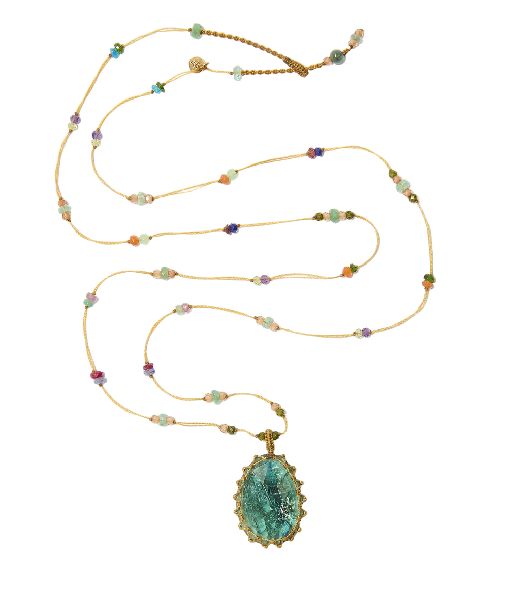 Sautoir Tibétain – Kyanite Bleue – Mix Multipierres – Fil Beige
