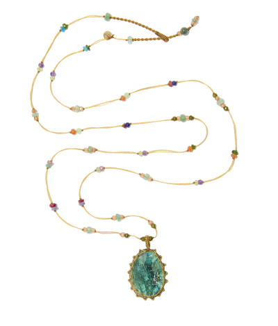 Long Tibetan Necklace - Teal Blue Kyanite - Sapphire Mix - Beige Thread