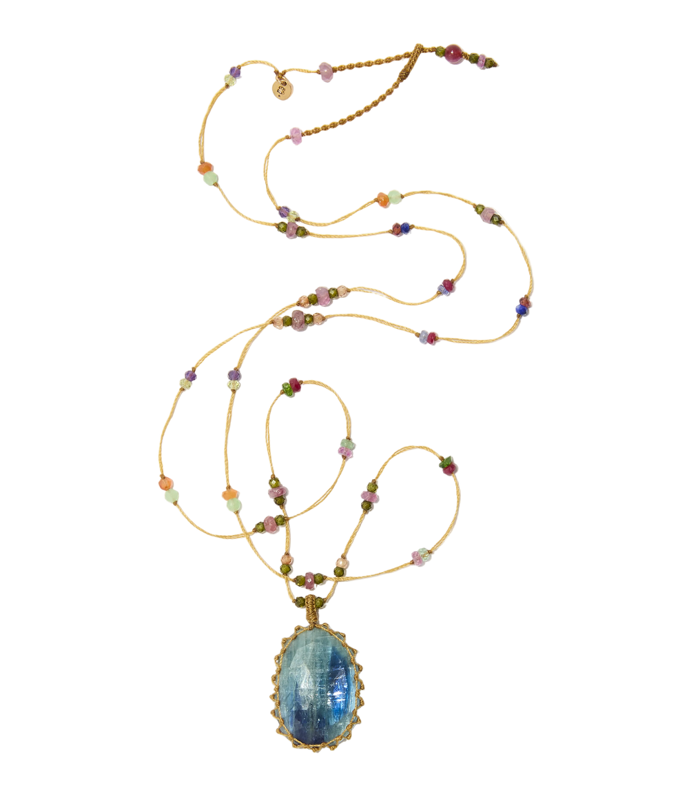 Sautoir Tibétain - Kyanite Bleue - Mix Multipierres - Fil Beige