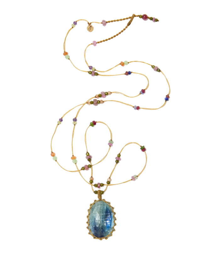 Sautoir Tibétain - Kyanite Bleue - Mix Multipierres - Fil Beige