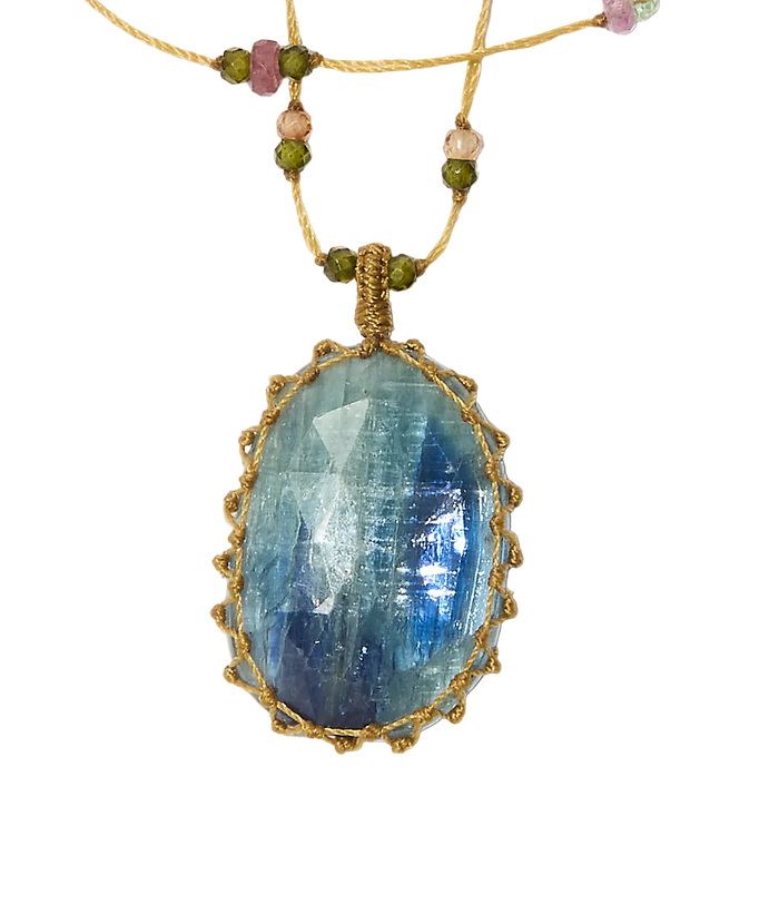 Sautoir Tibétain - Kyanite Bleue - Mix Multipierres - Fil Beige