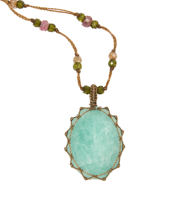 Sautoir Tibétain - Amazonite Bleue - Mix Tourmaline - Fil Tabac