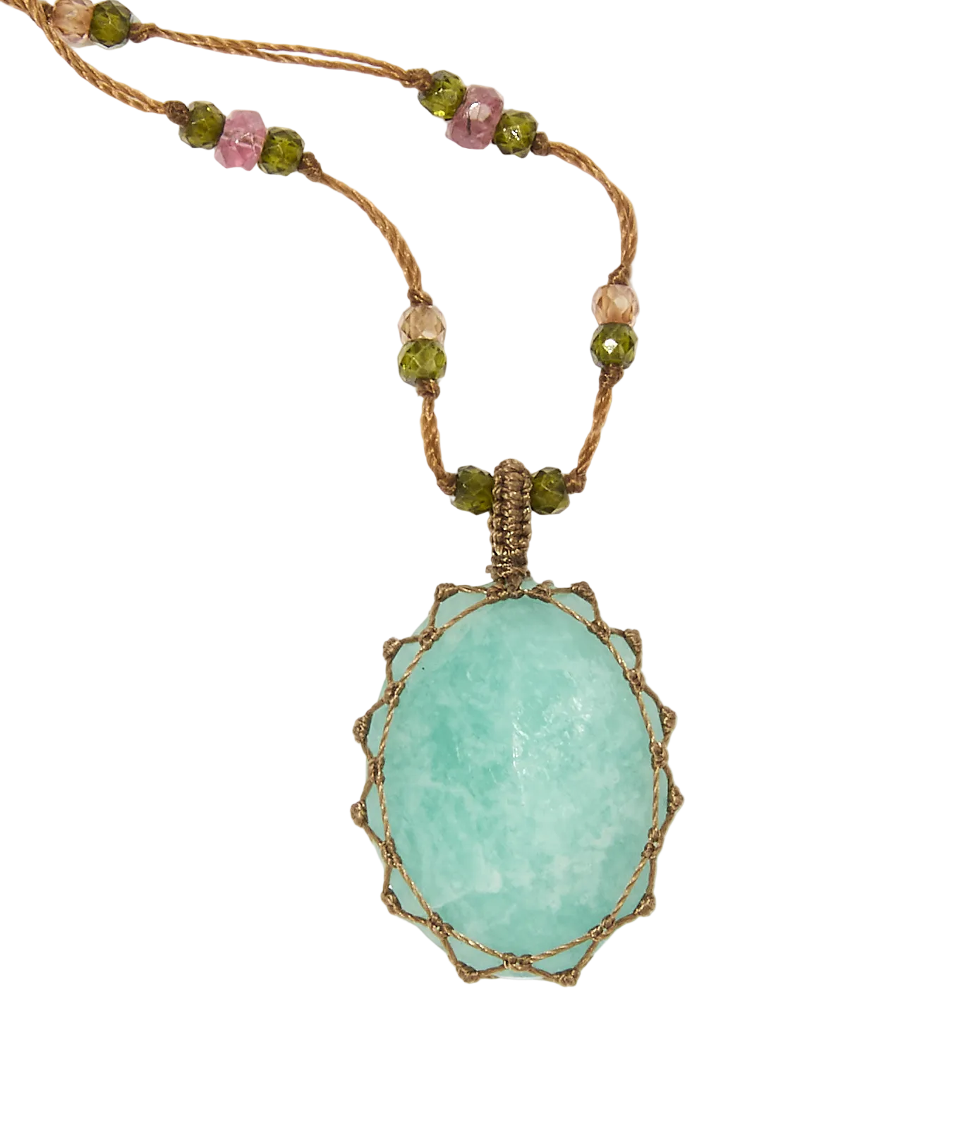 Sautoir Tibétain - Amazonite Bleue - Mix Tourmaline - Fil Tabac