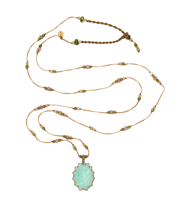 Sautoir Tibétain - Amazonite Bleue - Mix Tourmaline - Fil Tabac