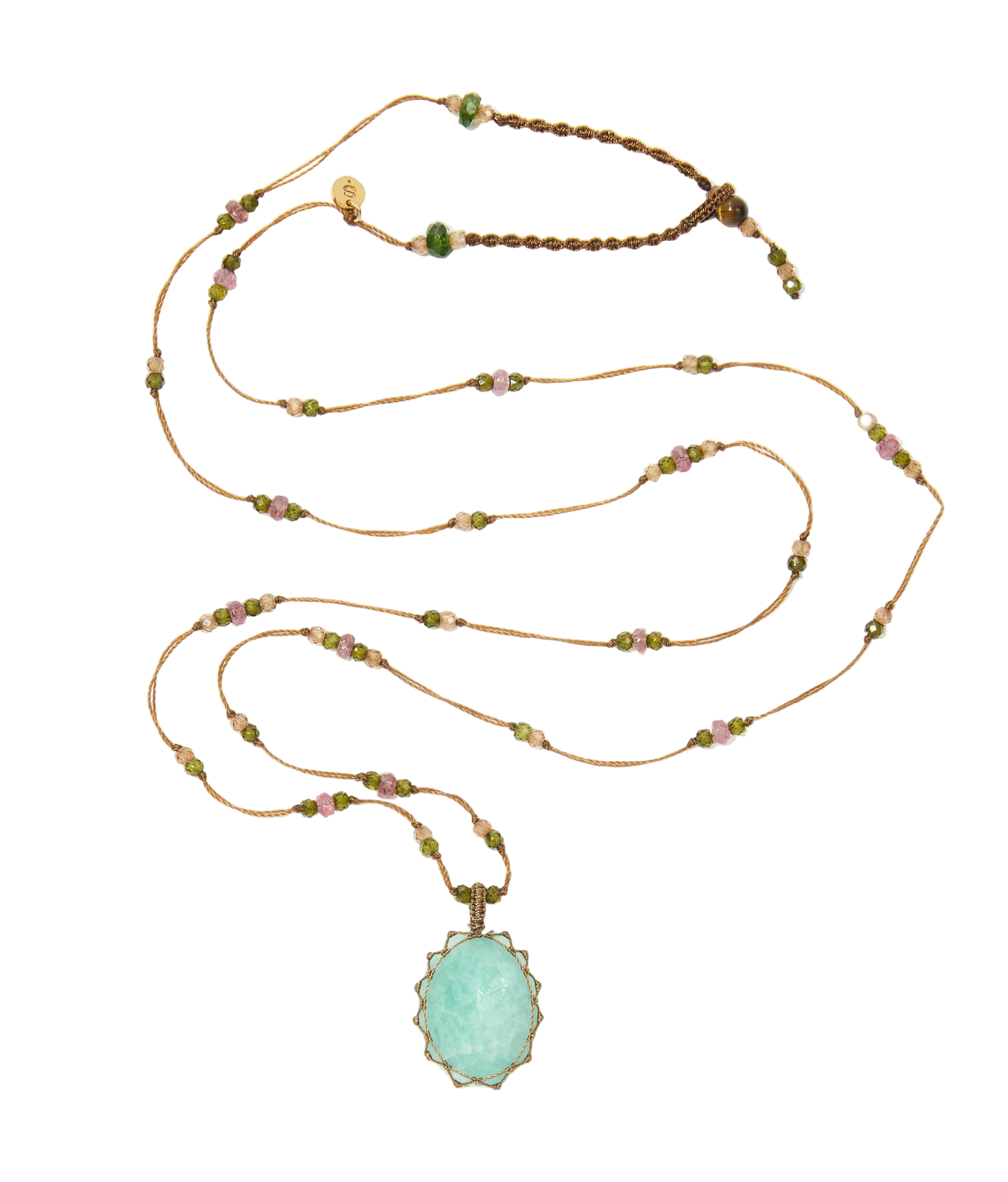 Sautoir Tibétain - Amazonite Bleue - Mix Tourmaline - Fil Tabac