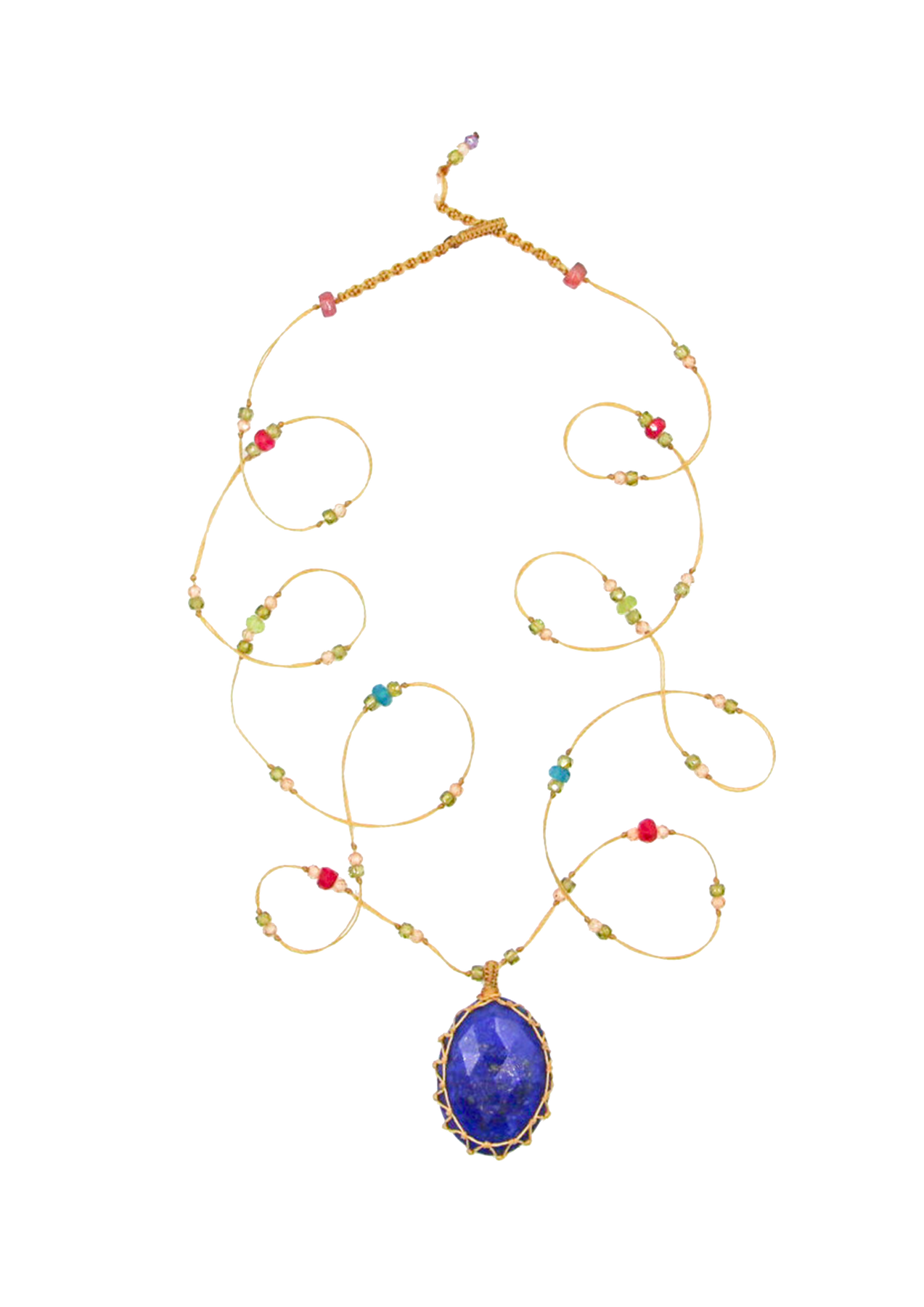 Tibetan Long Necklace - Lapis Lazuli - Mix Tsavorite - Tabac Thread