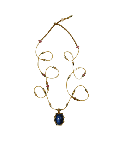 So Precious Necklace Short Tibetan - Blue Fire Labradorite - Mix Pink Tourmaline - Beige Thread