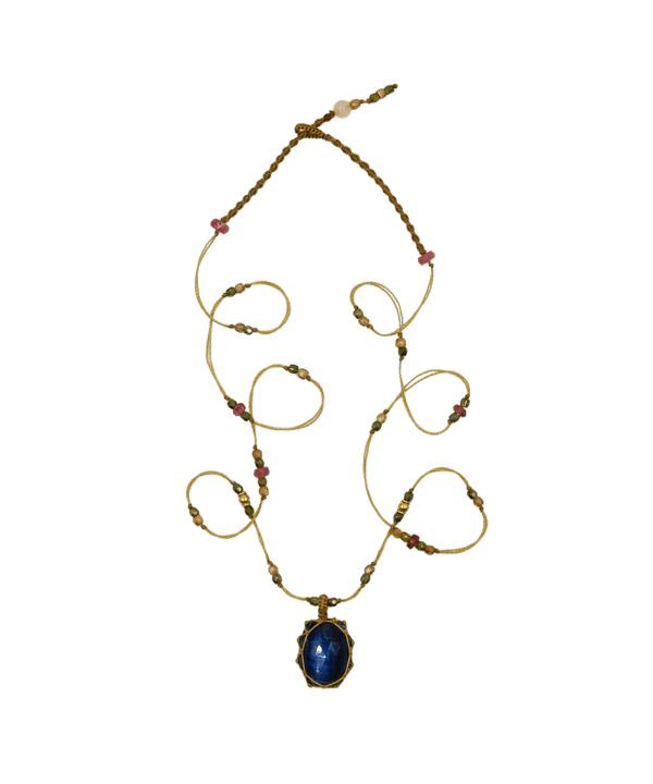 So Precious Collier Court Tibétain - Labradorite Feu Bleue - Mix Tourmaline Rose - Fil Beige
