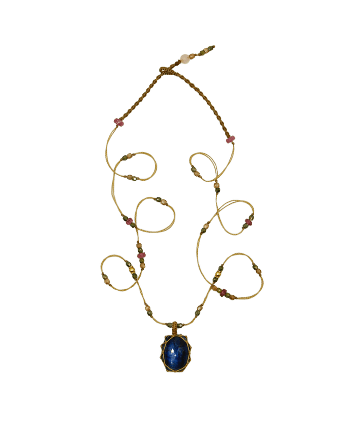 Preziosa Collana Corta Tibetana - Cianite Verde - Mix Tormalina Rosa - Filo di Tabacco