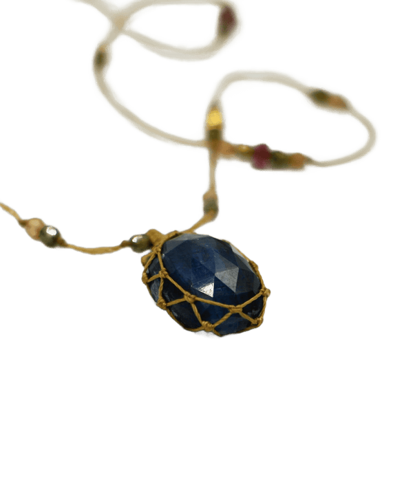 So Precious Collier Court Tibétain - Labradorite Feu Bleue - Mix Tourmaline Rose - Fil Beige