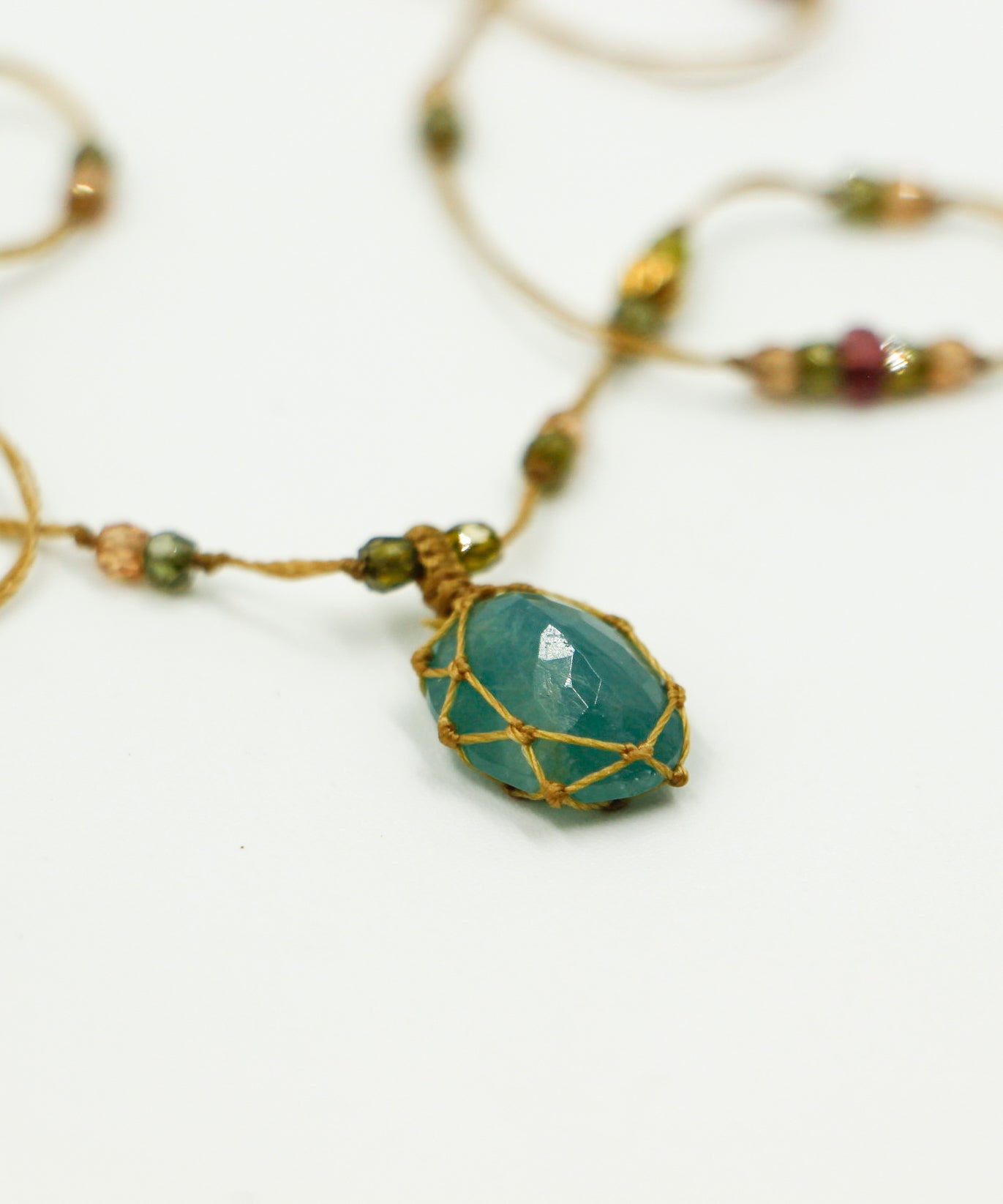 Tibetan Long Necklace - Moldavite - Precious Mix - Beige Thread