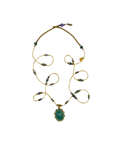 Collier Court Tibétain - Grandidiérite - Mix Saphir - Fil Beige