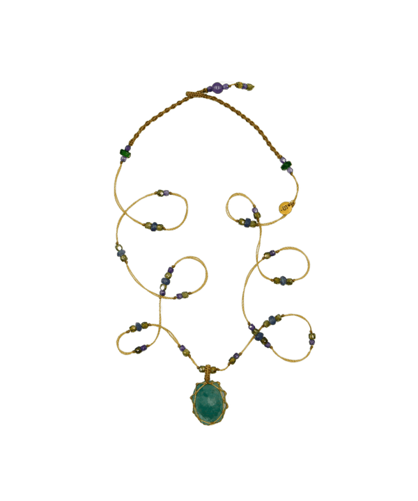 Collier Court Tibétain - Grandidiérite - Mix Saphir - Fil Beige