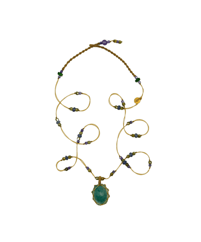 Collana Lunga Tibetana - Moldavite - Mix Prezioso - Filo Beige