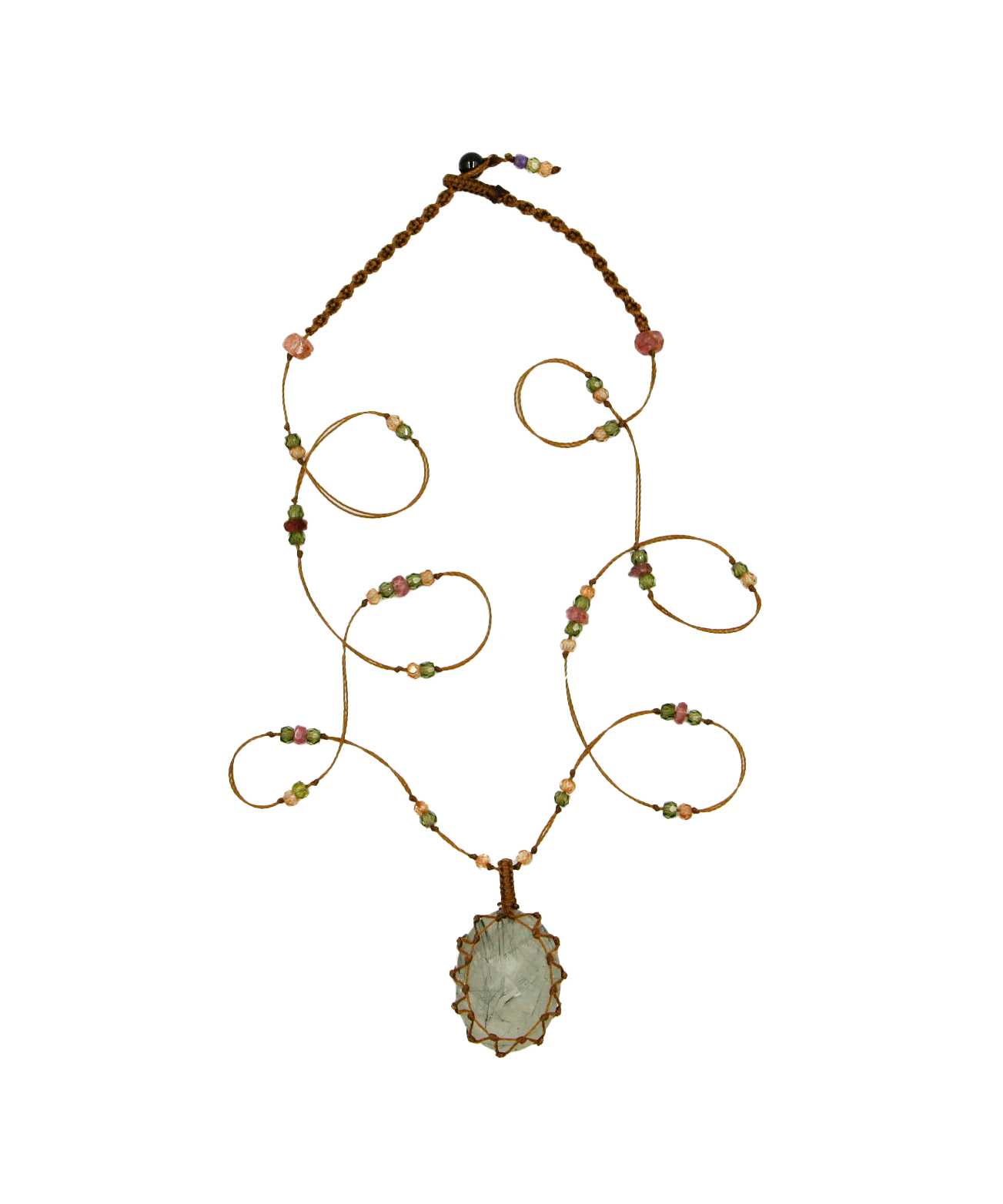 Tibetan Short Necklace - Black Rutile Quartz - Mix Ruby Emerald Sapphire - Tobacco Thread
