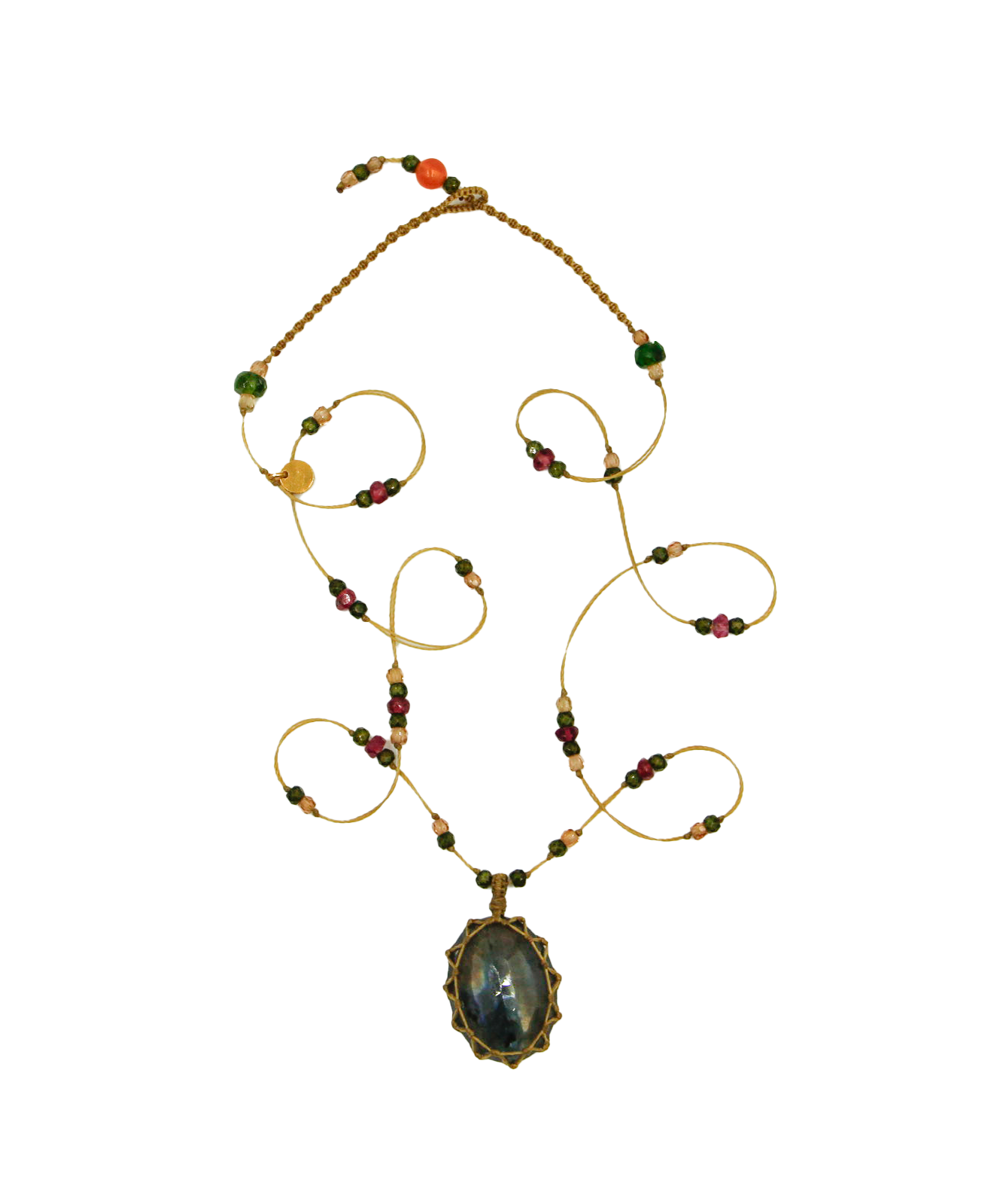 Tibetan Short Necklace - Green Fire Labradorite - Mix Sapphire - Beige Thread