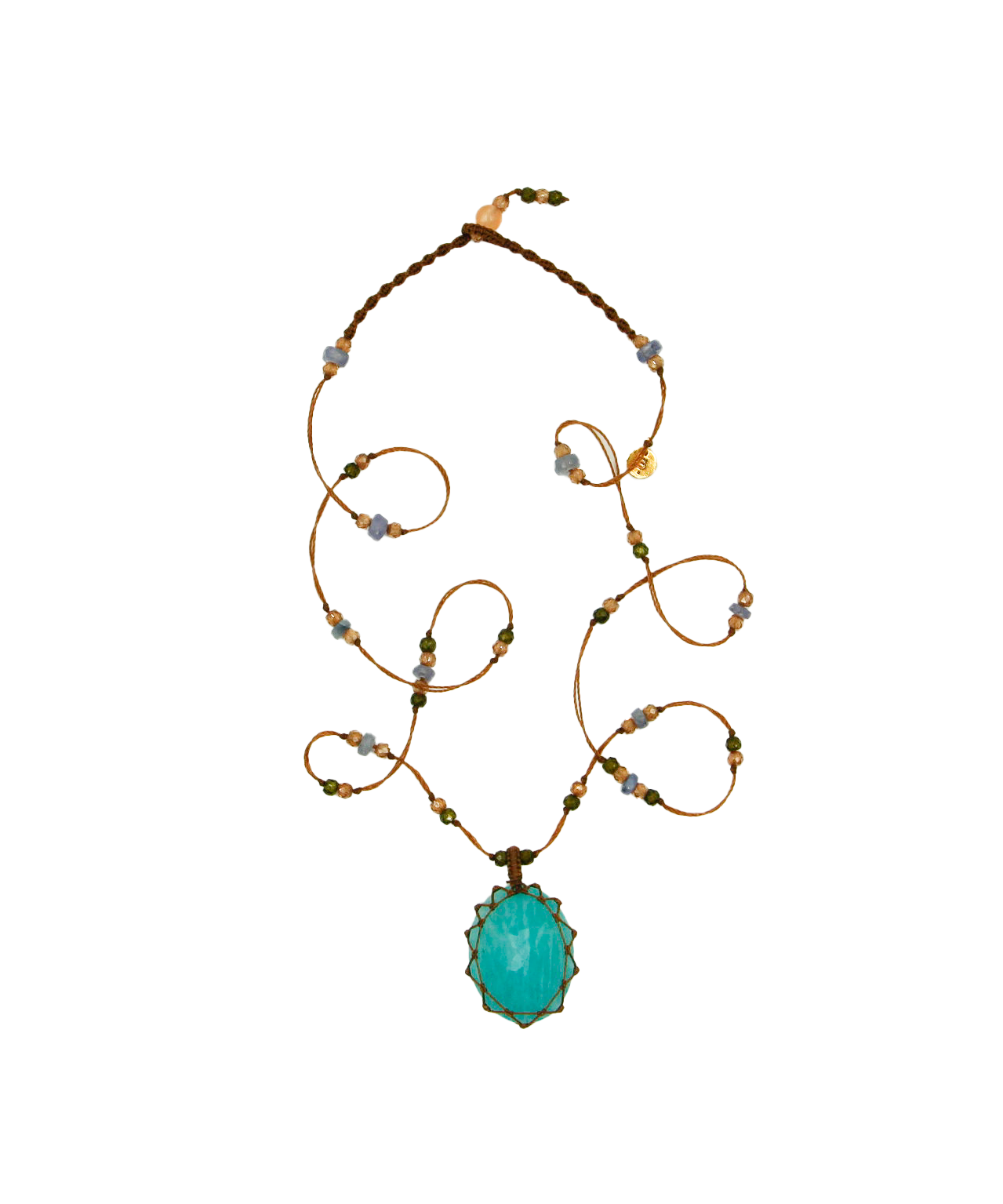 Short Tibetan Necklace - Blue Amazonite - Mix Sapphire - Beige Thread
