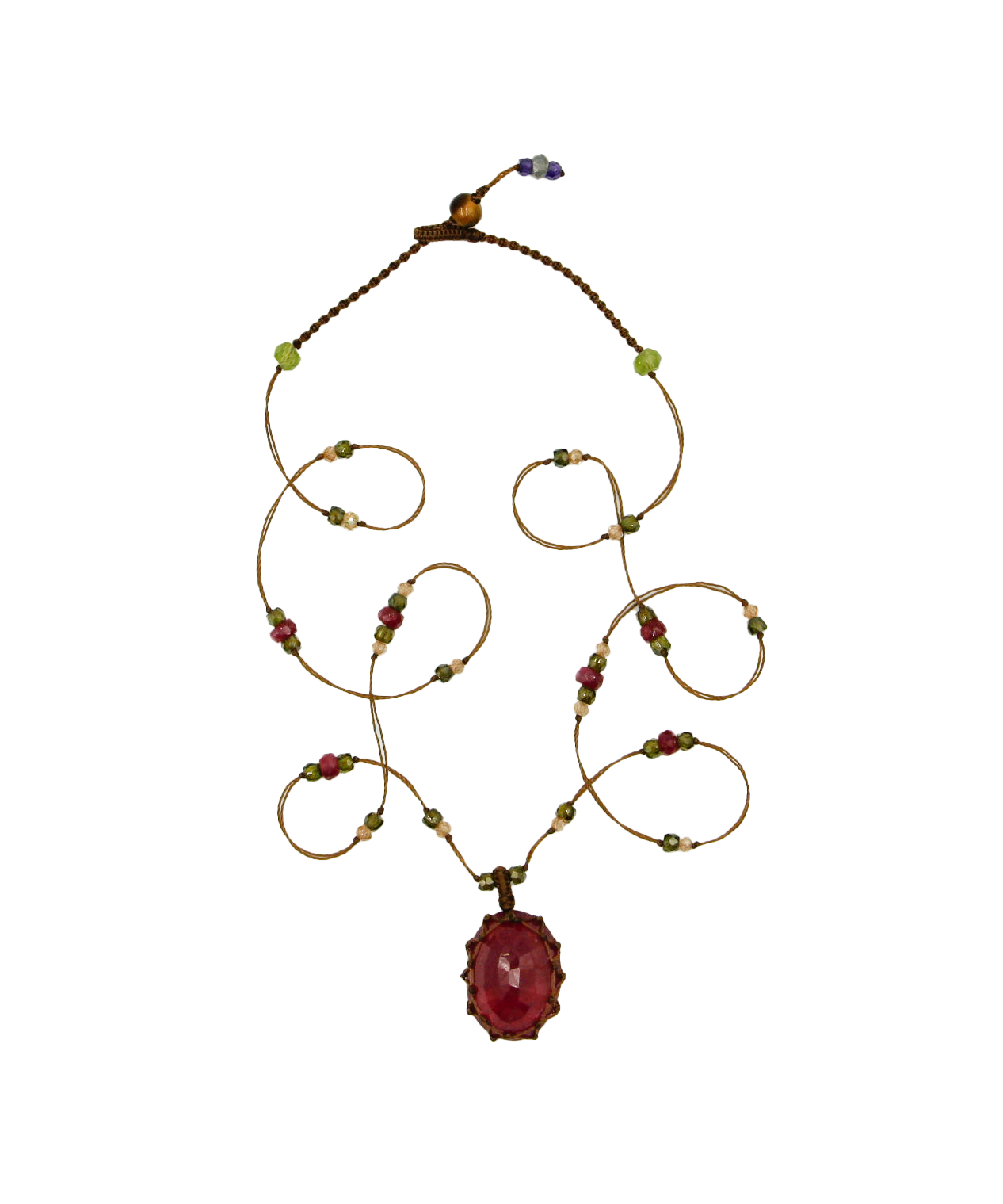 Collier Court Tibétain - Glassfilled Rose - Mix Tourmaline Rose - Fil Tabac