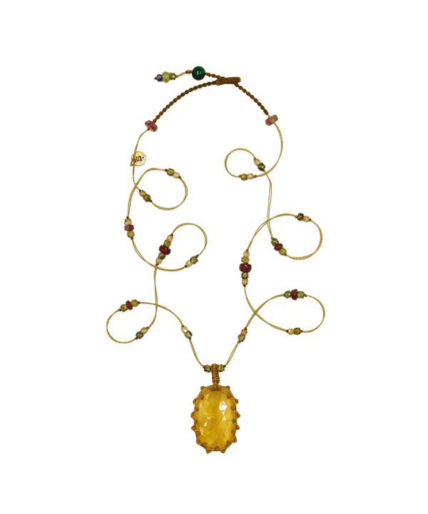 Collier Court Tibétain - Glassfilled Jaune - Mix Tourmaline - Fil Beige