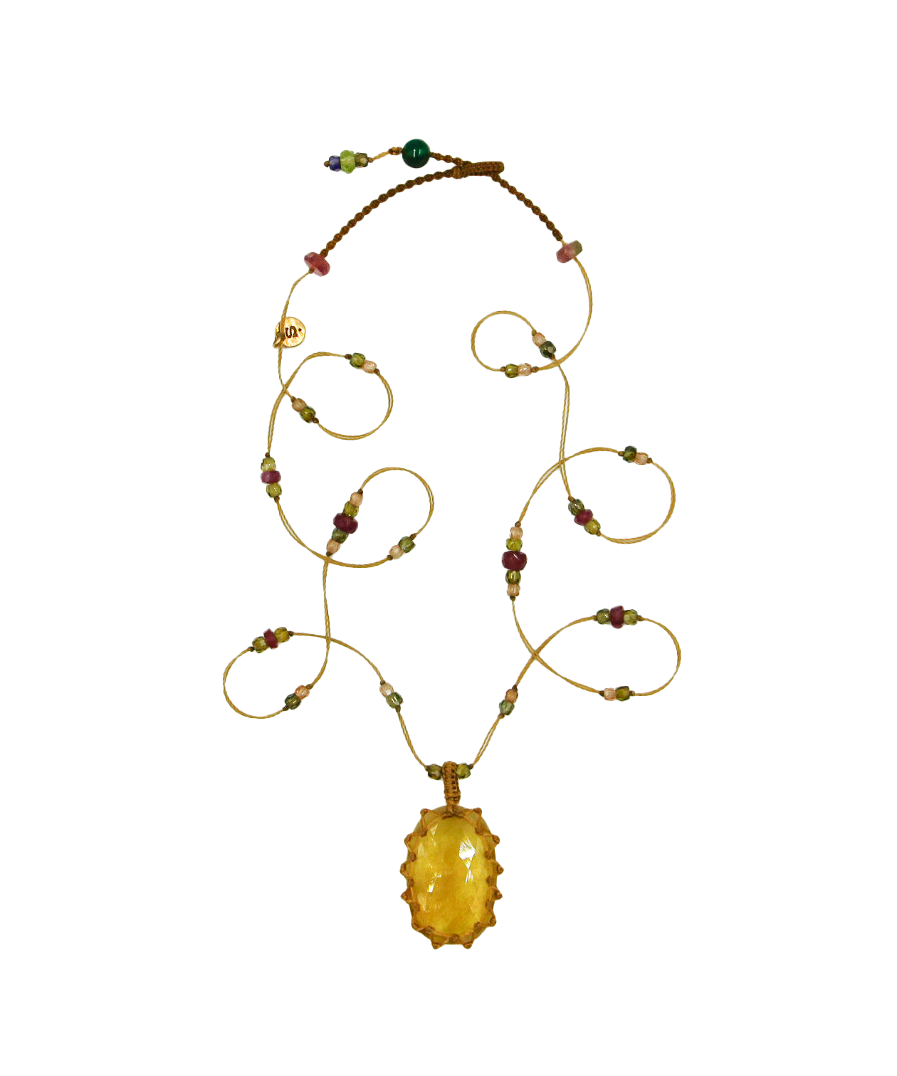 So Precious Tibetan Short Necklace - Yellow Glassfilled - Mix Sapphire - Beige Thread