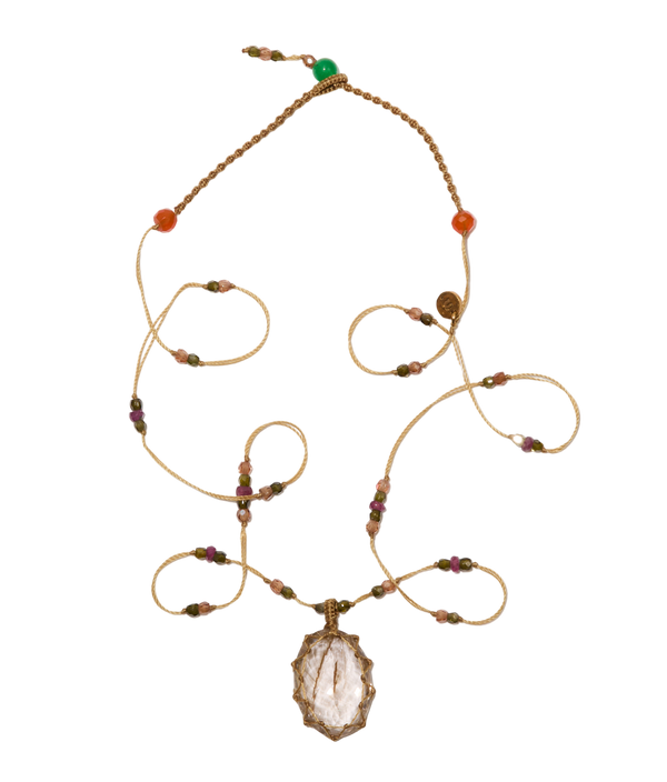 Collana Corto Tibetano - Quarzo Rutile Oro - Mix Tormalina Rosa - Filo Tabacco