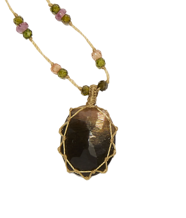 Collier Court Tibétain - Moonstone Fire - Mix Tourmaline - Fil Beige