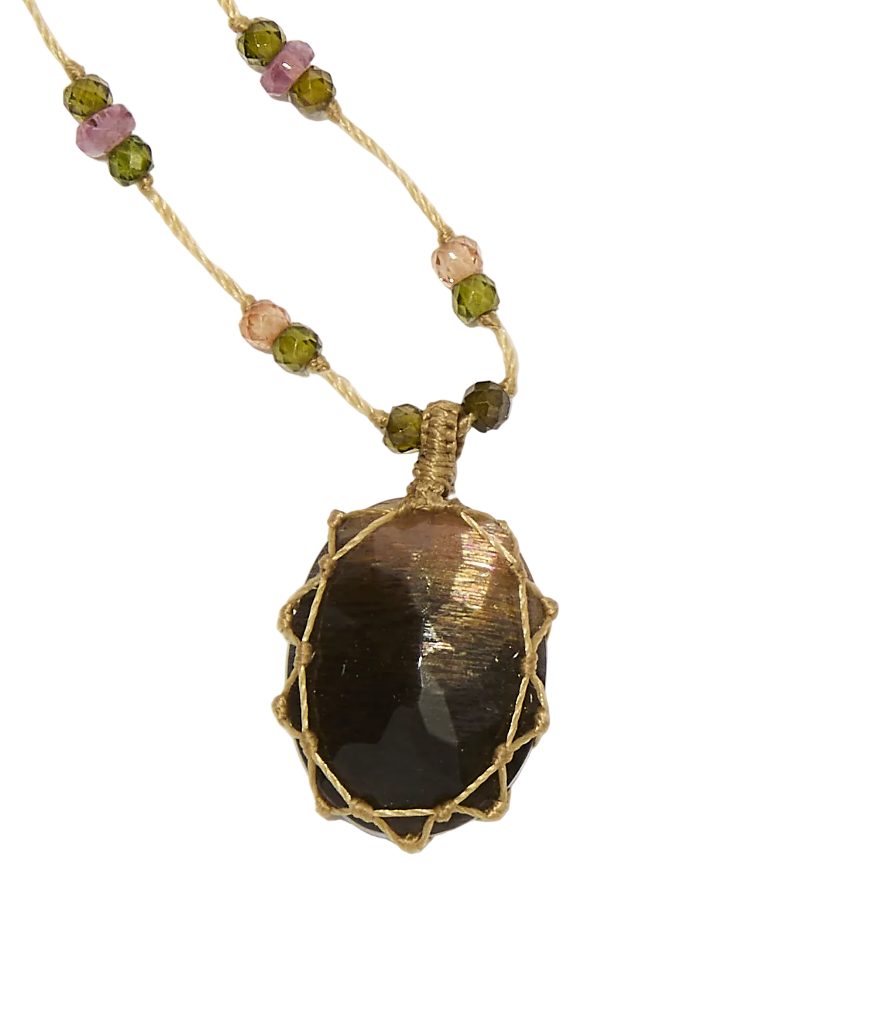Collier Court Tibétain - Moonstone Fire - Mix Tourmaline - Fil Beige